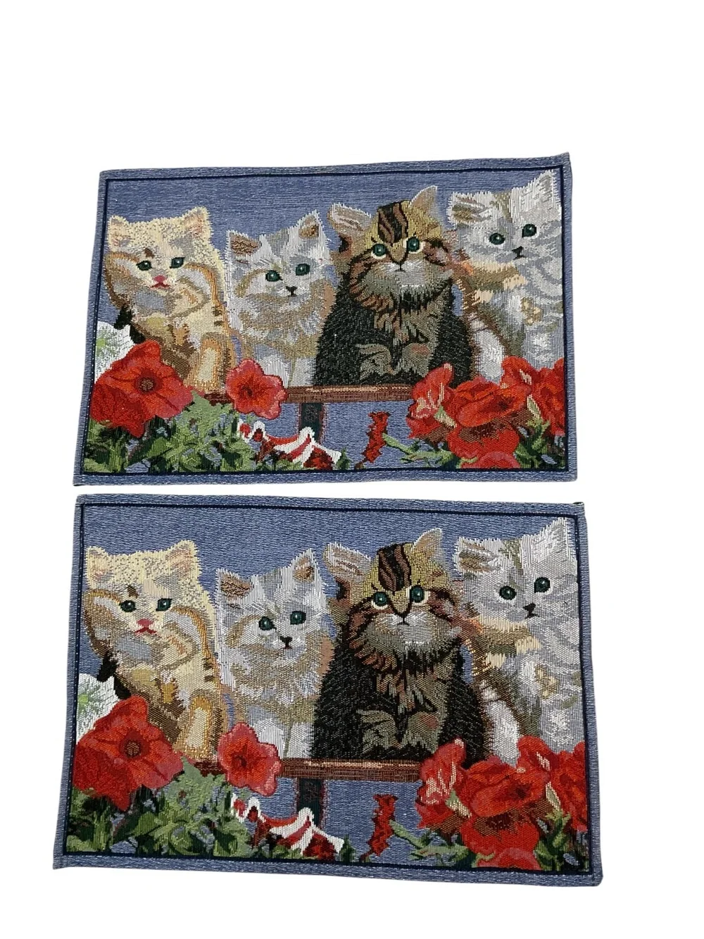 Vintage Cat Tapestry Placemats Set of 4 Kittens Red Flowers Gajimoti